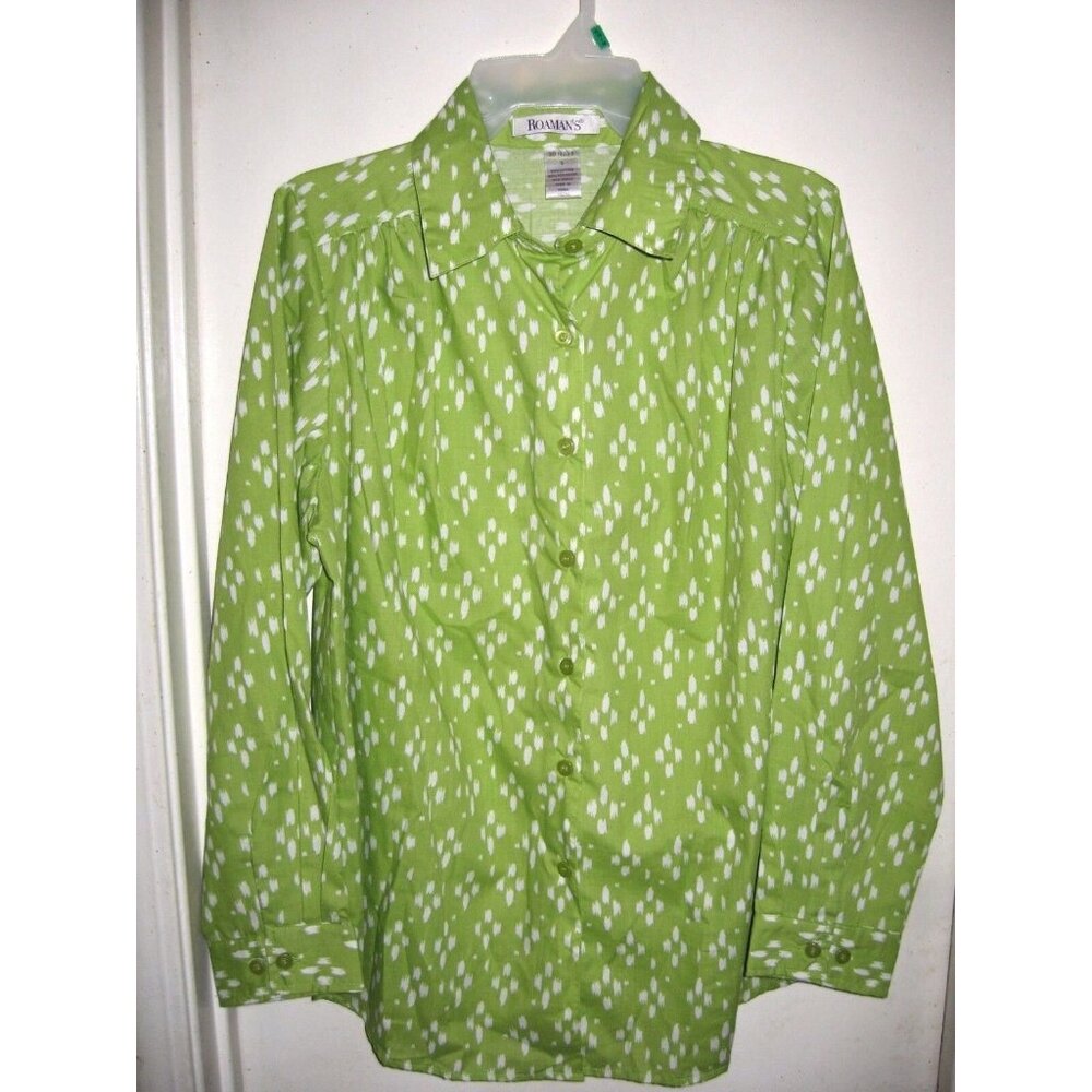 Roaman's Green White Geometric Button Front Long Sleeve Top Shirt S Plus Size